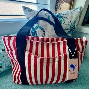 New with Tag Red & White Striped Tote Bag with Black Handles and Zipper Closure